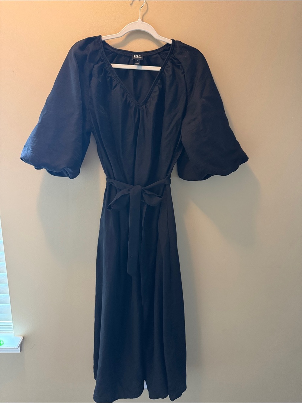 INC International Concepts Black Puff Sleeve Midi Dress with Waist Tie